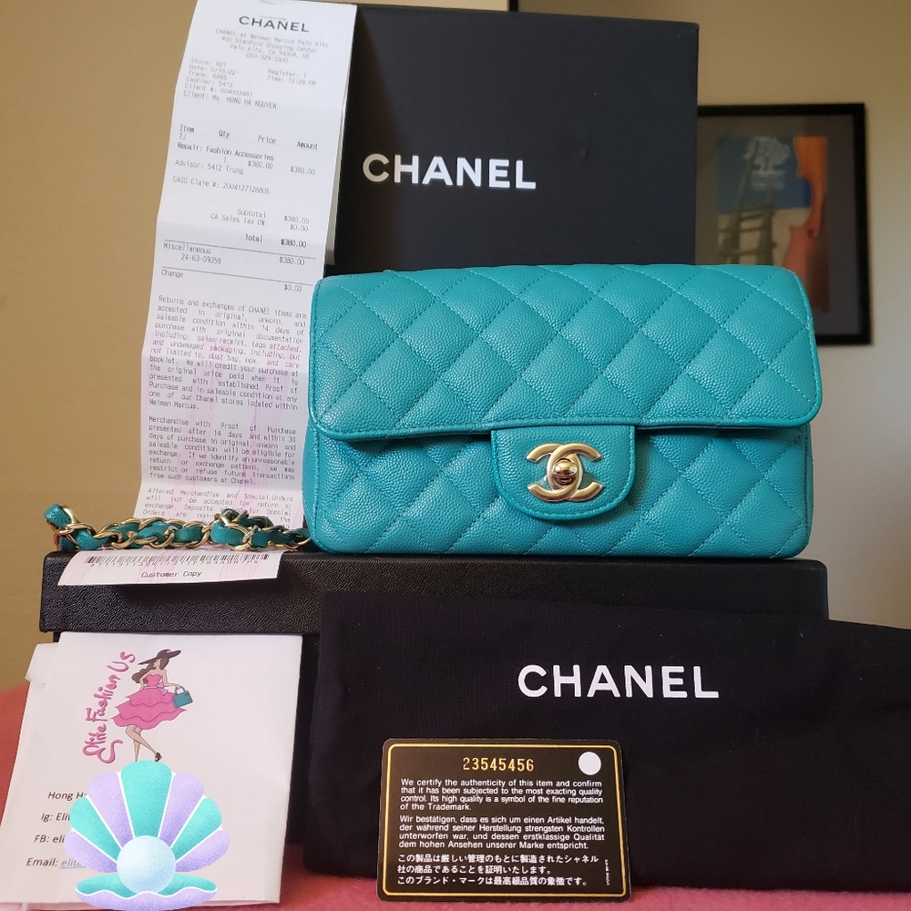 Chanel classic mini turquoise caviar gold hardware bag